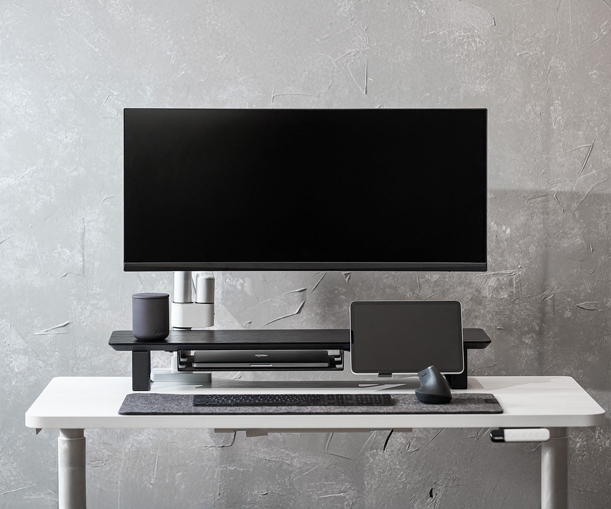 ULTRARM monitor arm and Moodular wooden monitor stand — modular, ergonomic, and designed for VISION ultrawide monitors. Enhances comfort, saves space, and elevates your workspace with precision craftsmanship.